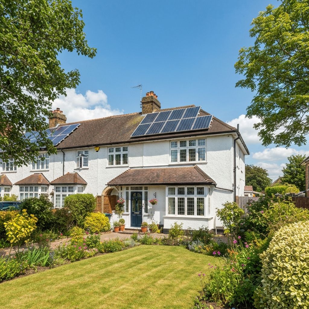 Suburban family home with rooftop solar panels
