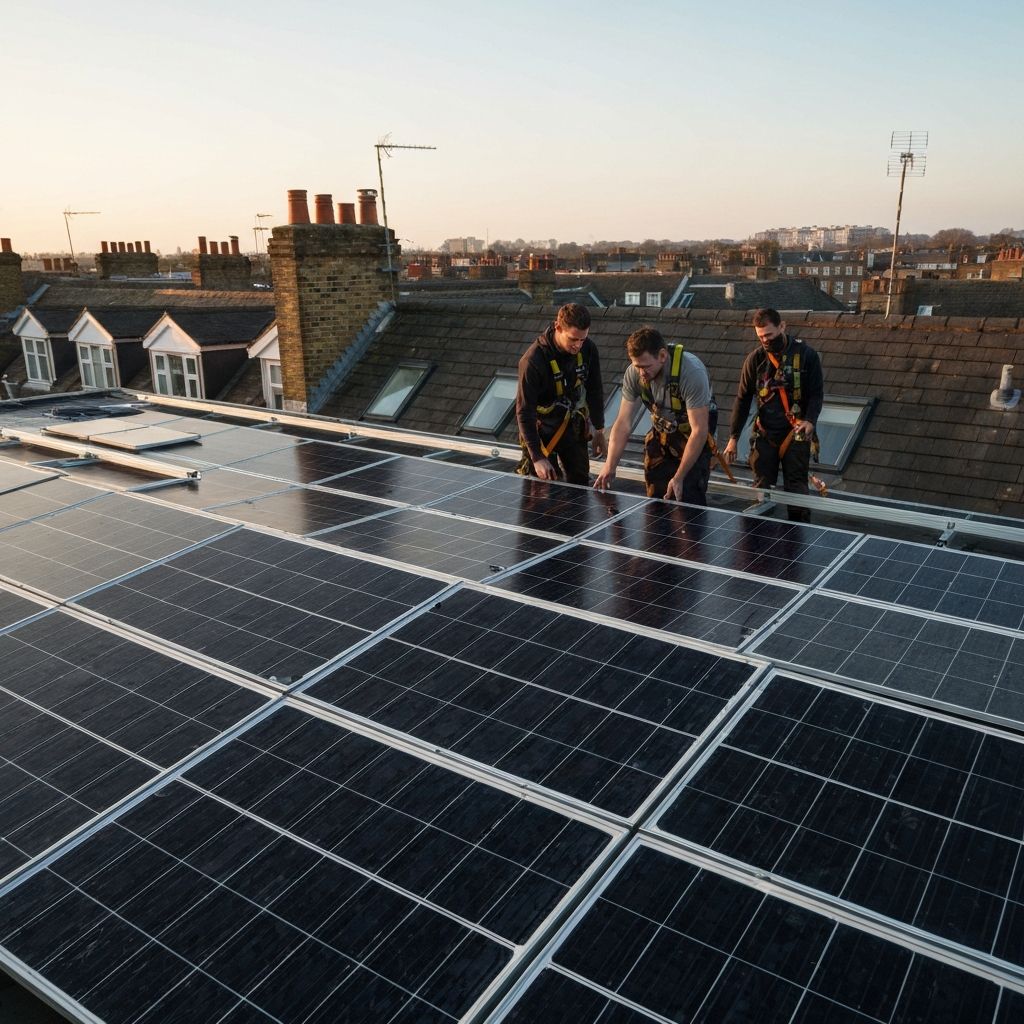 SolarPathe engineers installing panels on a London rooftop
