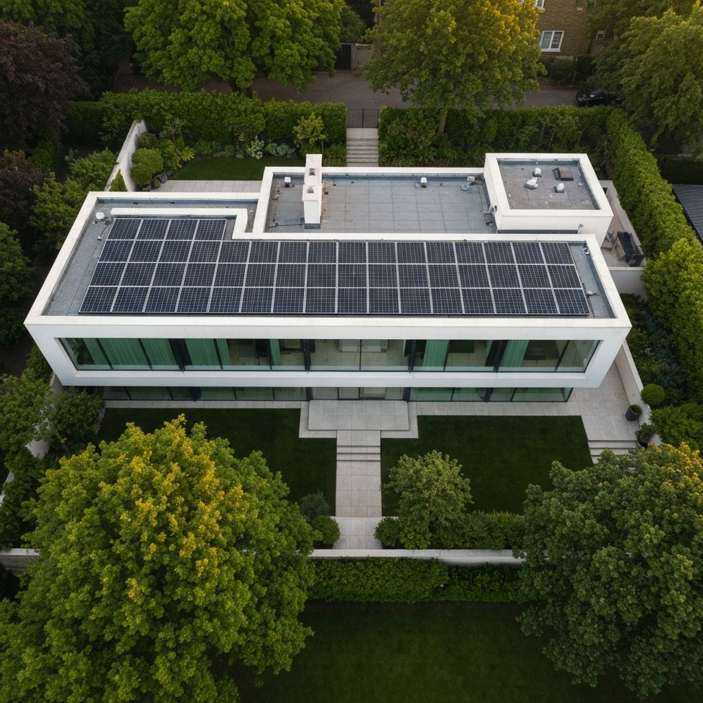 Aerial view of luxury London home with rooftop solar panels