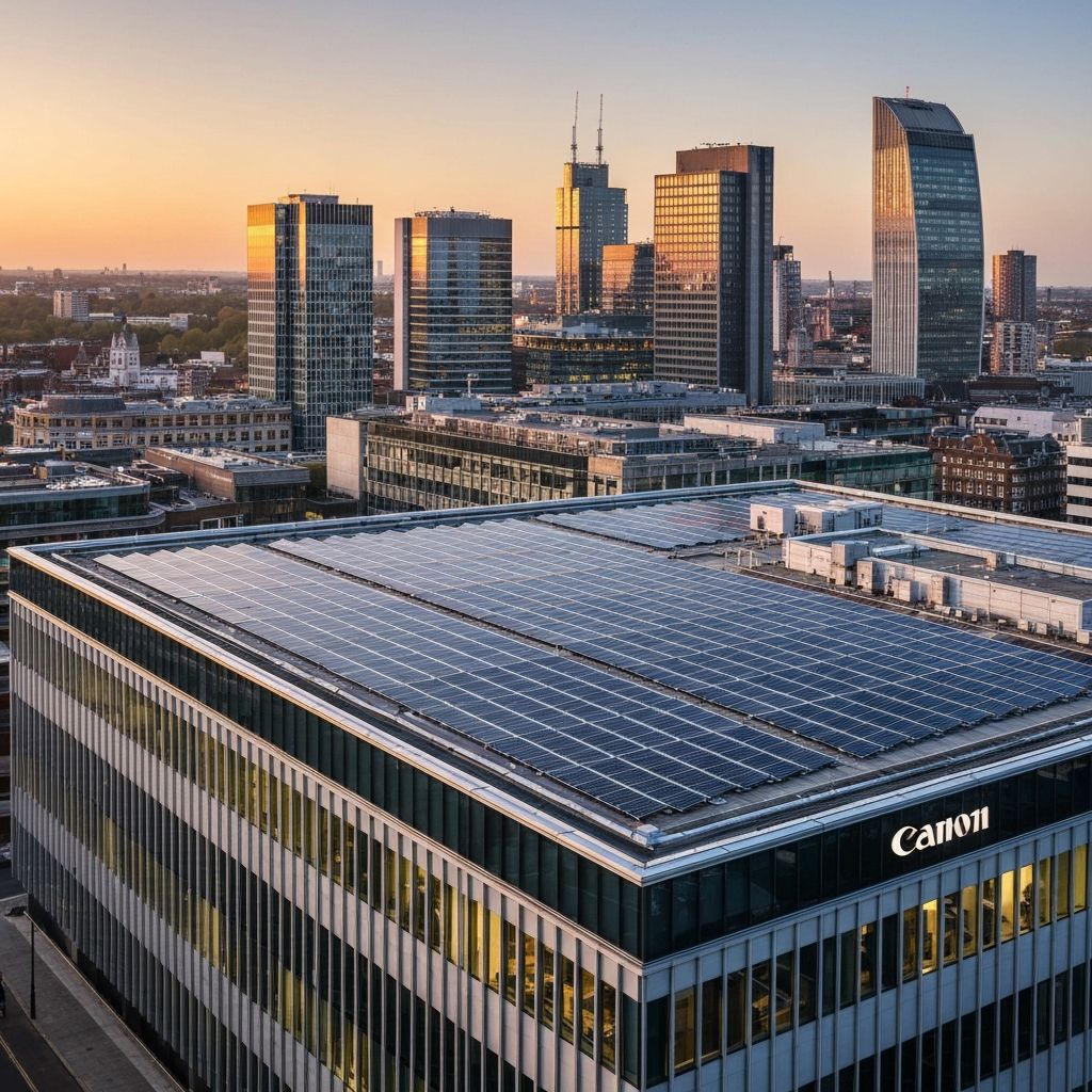 Commercial building with large-scale solar installation at dusk