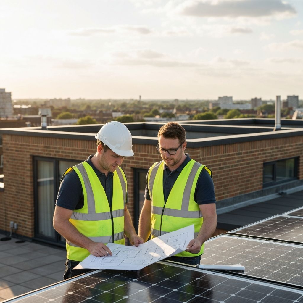 SolarPathe engineers reviewing solar installation plans on a London rooftop